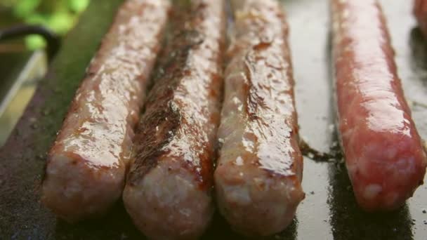 Tasty sausages on grill — Stock Video