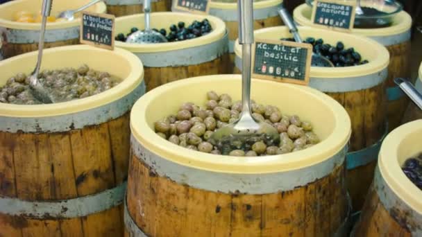 Aceitunas negras y verdes en varias marinadas — Vídeo de stock