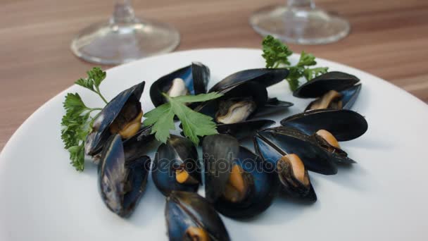 Mussels on the white plate with parsley — Stock Video
