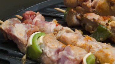 Bir ızgara hindi eti sopa üzerinde çevirir