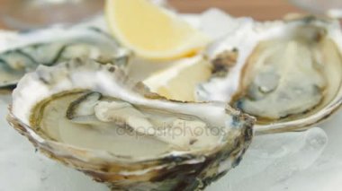 Beyaz bir plaka üzerinde taze istiridye ve süper yakın çekim