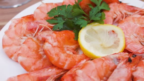 Plate with shrimp, lemon and parsley — Stock Video