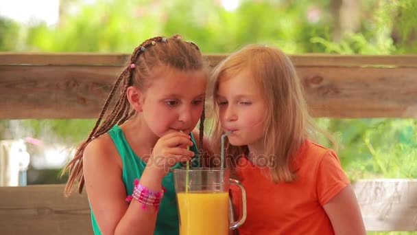 Two girls drink orange juice — Stock Video