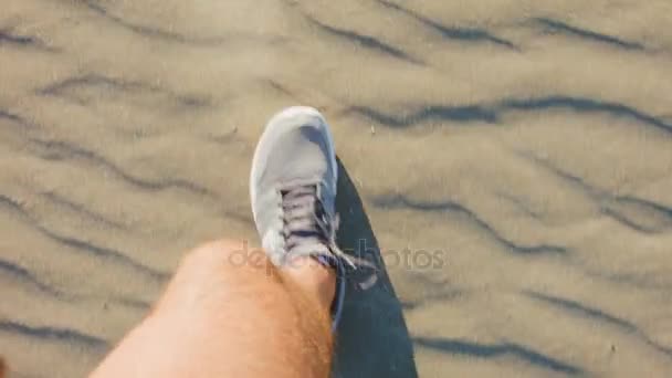 Menselijke voeten in sneakers lopen op zand — Stockvideo