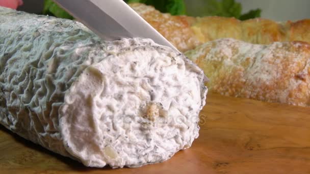 Brânza de capră cu mucegai gri este tăiată cu un cuțit — Videoclip de stoc