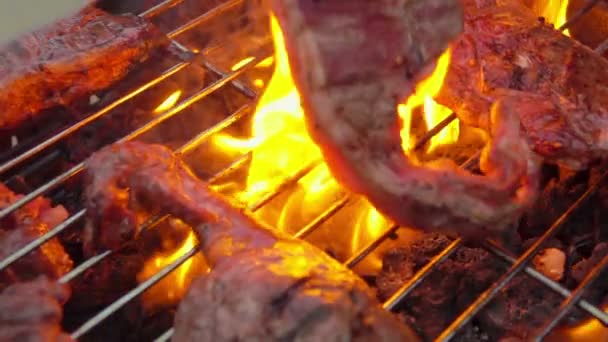 Steak d'agneau retourné sur le gril — Video