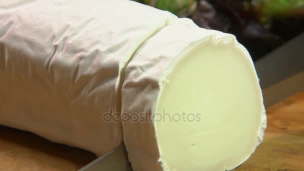 Pedaço de queijo de cabra com molde cinza é cortado com uma faca — Vídeo de Stock