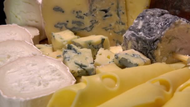 Kreisförmige Bewegung durch eine Vielzahl französischer Käsesorten — Stockvideo