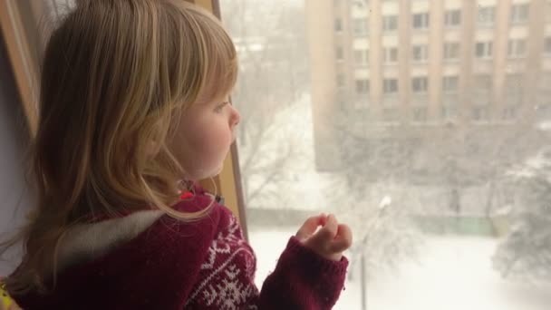 Belle fille aux yeux bleus regarde par la fenêtre — Video