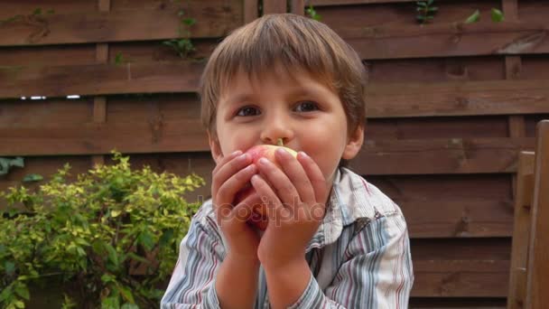 Kleine knappe jongen met een appel — Stockvideo