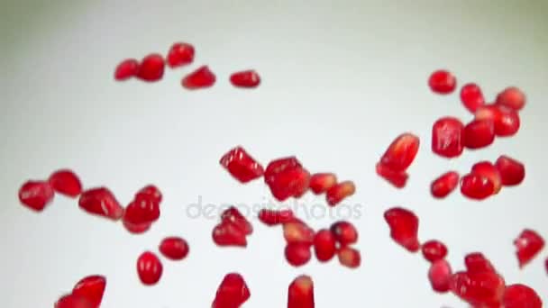 Sementes de granada maduras vermelhas voam em um fundo branco — Vídeo de Stock