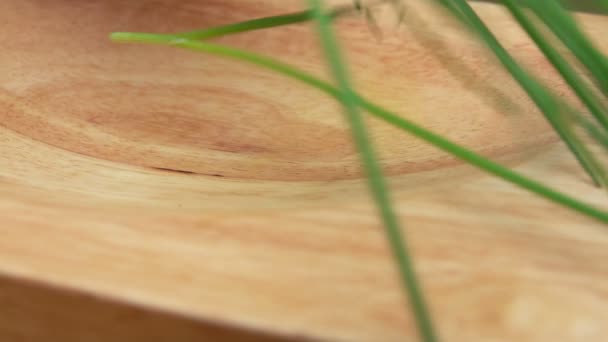 Plasterki zielonej cebuli na drewnianej desce — Wideo stockowe