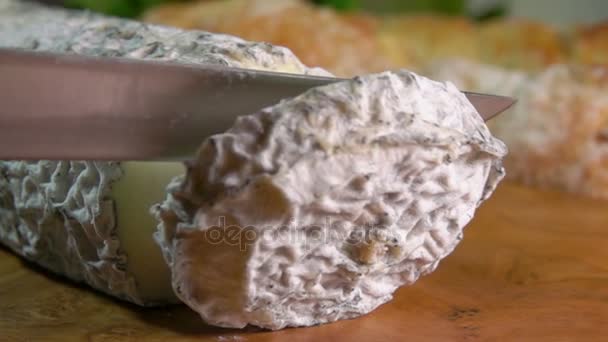 Crustă apetisantă tăiată cu un cuțit din brânză de capră — Videoclip de stoc