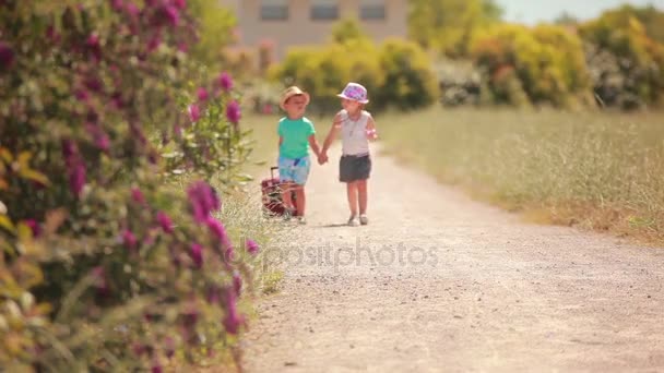 Маленька дівчинка і хлопчик йдуть в дорогу з футляром — стокове відео