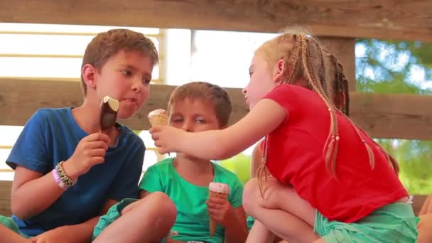 Дети угощают друг друга мороженым — стоковое видео