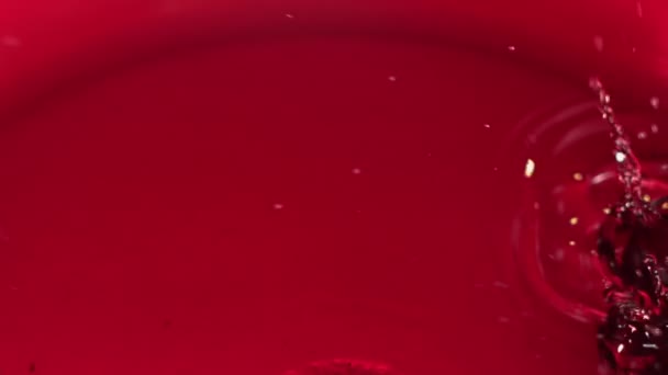 Mirtilos caindo em uma tigela de vidro com o suco — Vídeo de Stock
