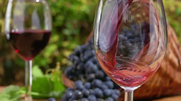 Rode wijn wordt in een glas gegoten — Stockvideo
