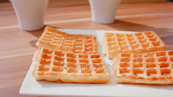Waffles for dessert topped with jam — Stock Video