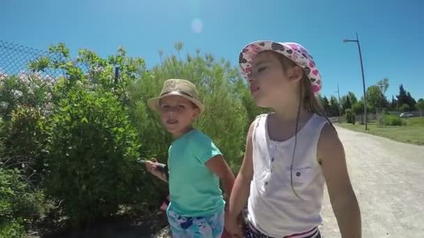 Niña y niño tomados de la mano, ir en el camino — Vídeos de Stock