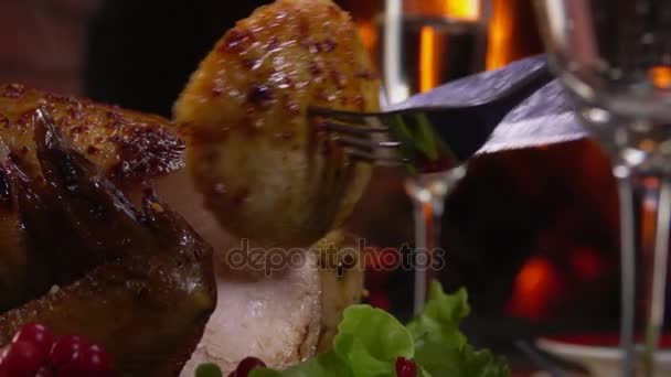 Close-up van een gesneden stukje kip in de buurt van de open haard — Stockvideo
