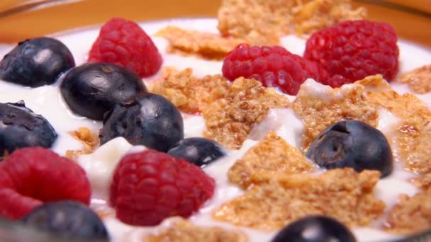 Mix of cereal flakes with berries and yogurt is taken by spoon — Stock Video