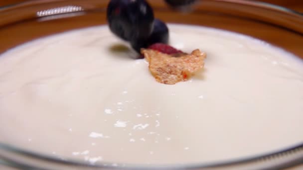 Cereal con arándanos y frambuesas cayendo en tazón con el yogur — Vídeos de Stock