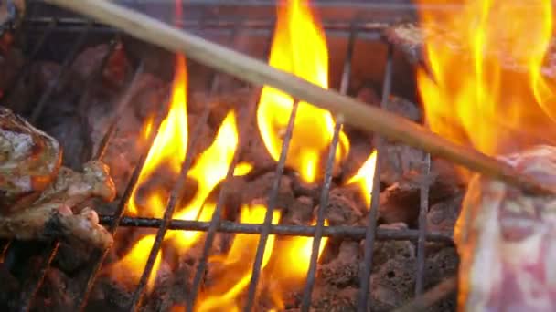 Mutton leg steak is grilling on the open fire — Stock Video