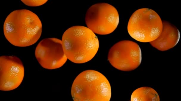 Соковиті стиглі мандарини летять до камери — стокове відео