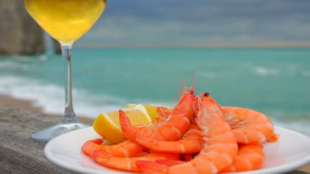 Piknik na atlantickém pobřeží s krevetami a víno — Stock video