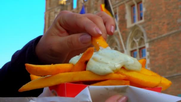 Hand doppa pommes frites i en sås — Stockvideo
