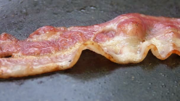 Närbild av en skiva bacon grillas på en sten grill — Stockvideo