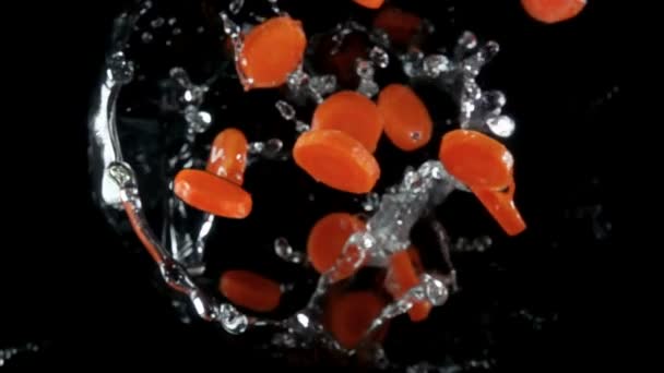 Pedaços de cenoura com água saltando contra a câmera — Vídeo de Stock
