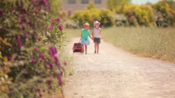 Счастливая девочка и мальчик держатся за руки, отправляйтесь в путь — стоковое видео