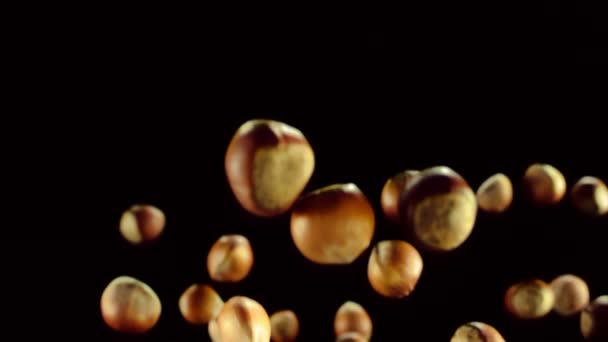 Nuts are flying on a black background — Stock Video