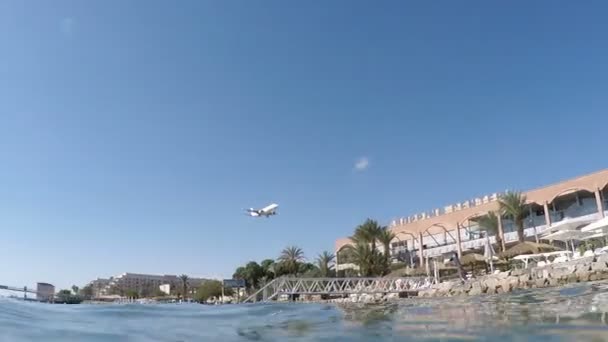 Plane flies over the blue sea bay — Stock Video