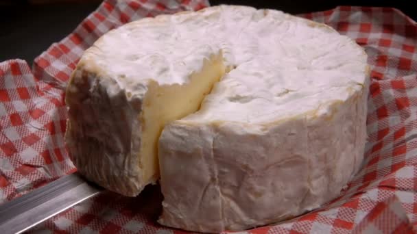 Un trozo de queso camambert se saca con un cuchillo — Vídeo de stock