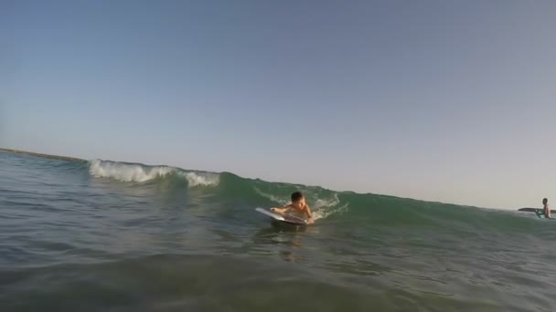 Kleiner Junge auf einem Schwimmbrett surft vorwärts — Stockvideo