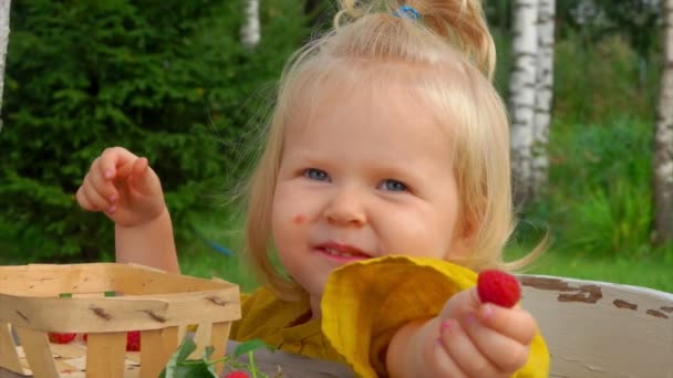Маленька дівчинка показує малину на камеру — стокове відео
