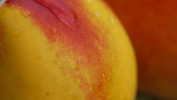 Drop of water flowing over surface of a ripe peach — Stock Video