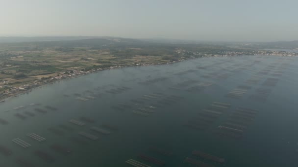 Aerial shot of oyster farms near Sete city — ストック動画