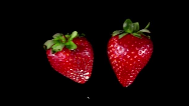 Delicious strawberries collide each other — Stock Video