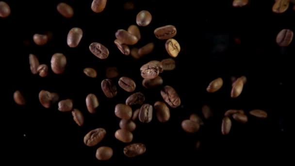 Grãos de café torrados voam sobre um fundo preto — Vídeo de Stock