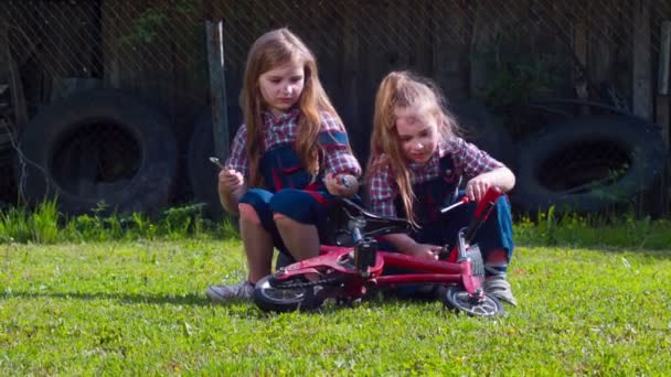 Niñas mecánica reparación de bicicletas con herramientas en el patio trasero — Vídeo de stock