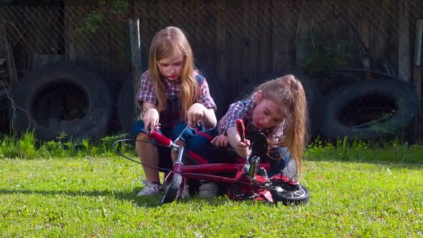 Dos niñas mecánicas reparan una bicicleta — Vídeos de Stock