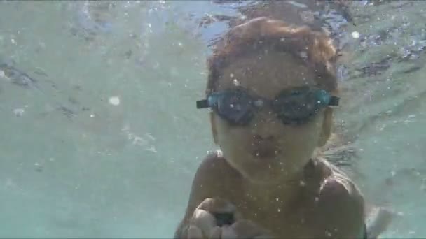 Pojken simmar under vattnet i poolen i solljus — Stockvideo