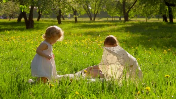 女孩们在阳光灿烂的花园里的草坪上玩耍 — 图库视频影像