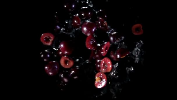 Moitiés de cerises rebondissent avec des éclaboussures d'eau 