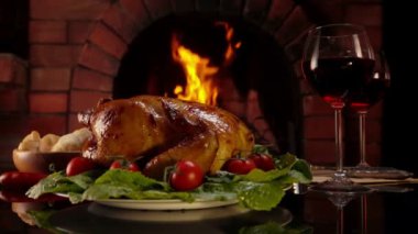Ateşin arka planında tavuk ve bir bardak şarap
