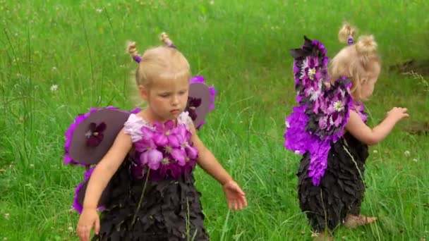 Девушки в костюмах бабочки ходят по газону — стоковое видео
