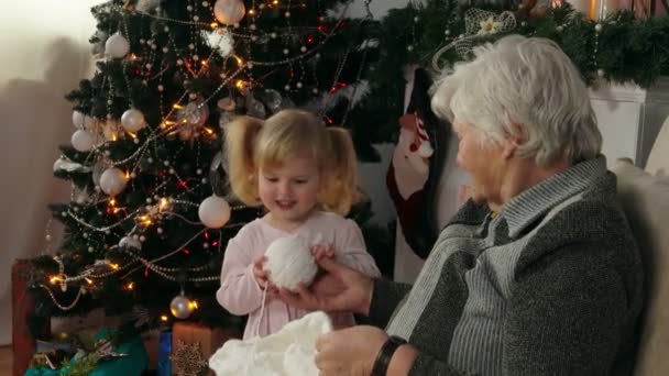 Femme joue avec la petite fille à côté de l'arbre de Noël — Video